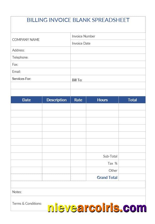 Billing Invoice Blank Spreadsheet